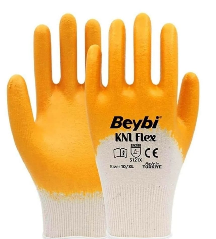 BEYBİ Kn1 Flex Sarı Pamuk Nitril Iş Eldiveni 9 BEDEN 12 ÇİFT