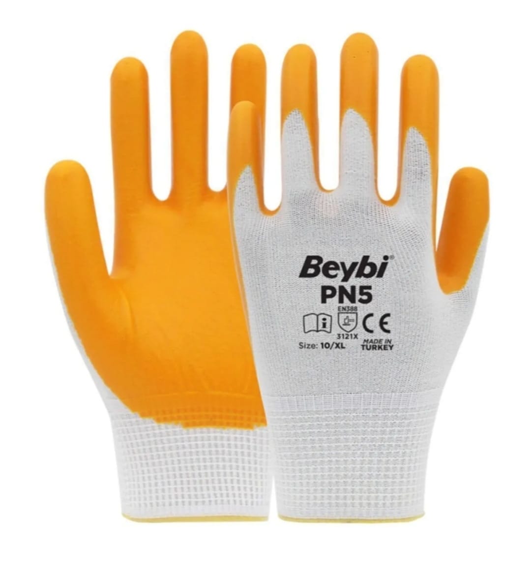 BEYBİ | Pn5 Eldiven, Polyester Örme Nitril Eldiven SARI BEYAZ 10 BEDEN 12 ÇİFT 
