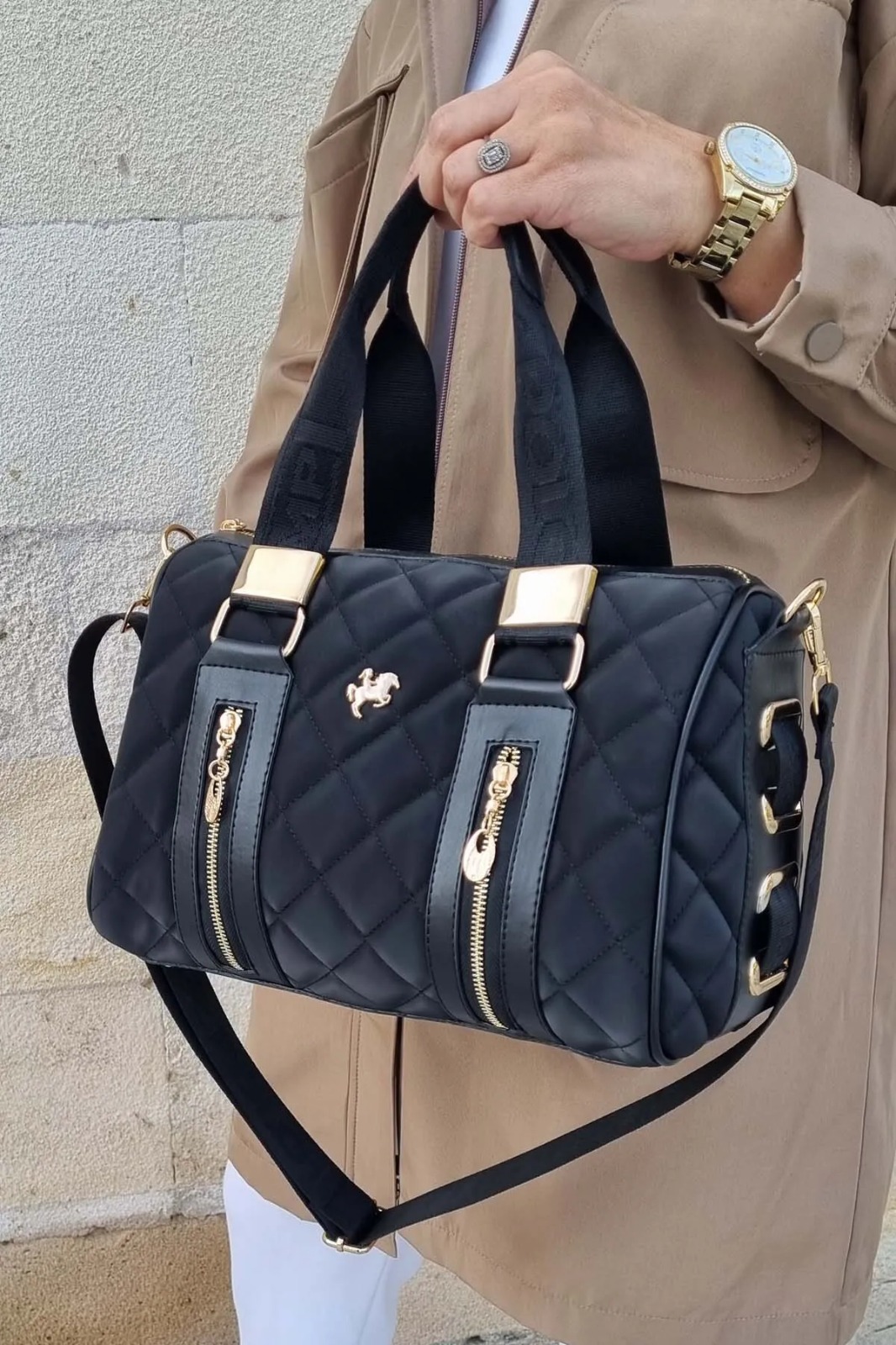 Miami Polo Club Kadın Kapitone Desenli Siyah El & Omuz Çantası